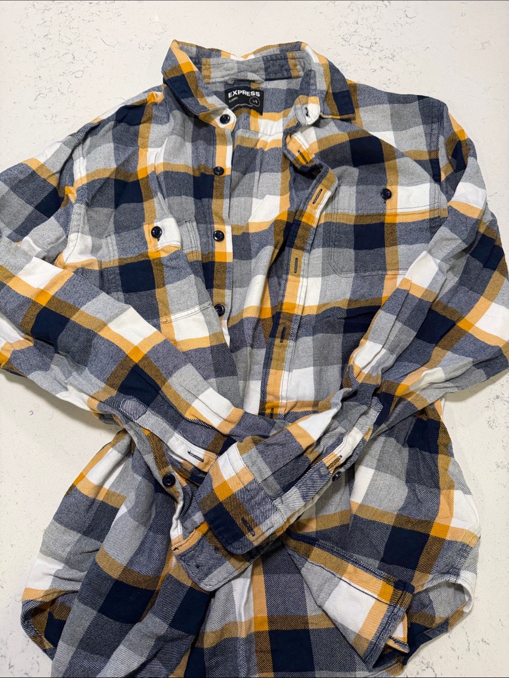 Express Men's Navy, Yellow & Gray Plaid Button-Up Shirt